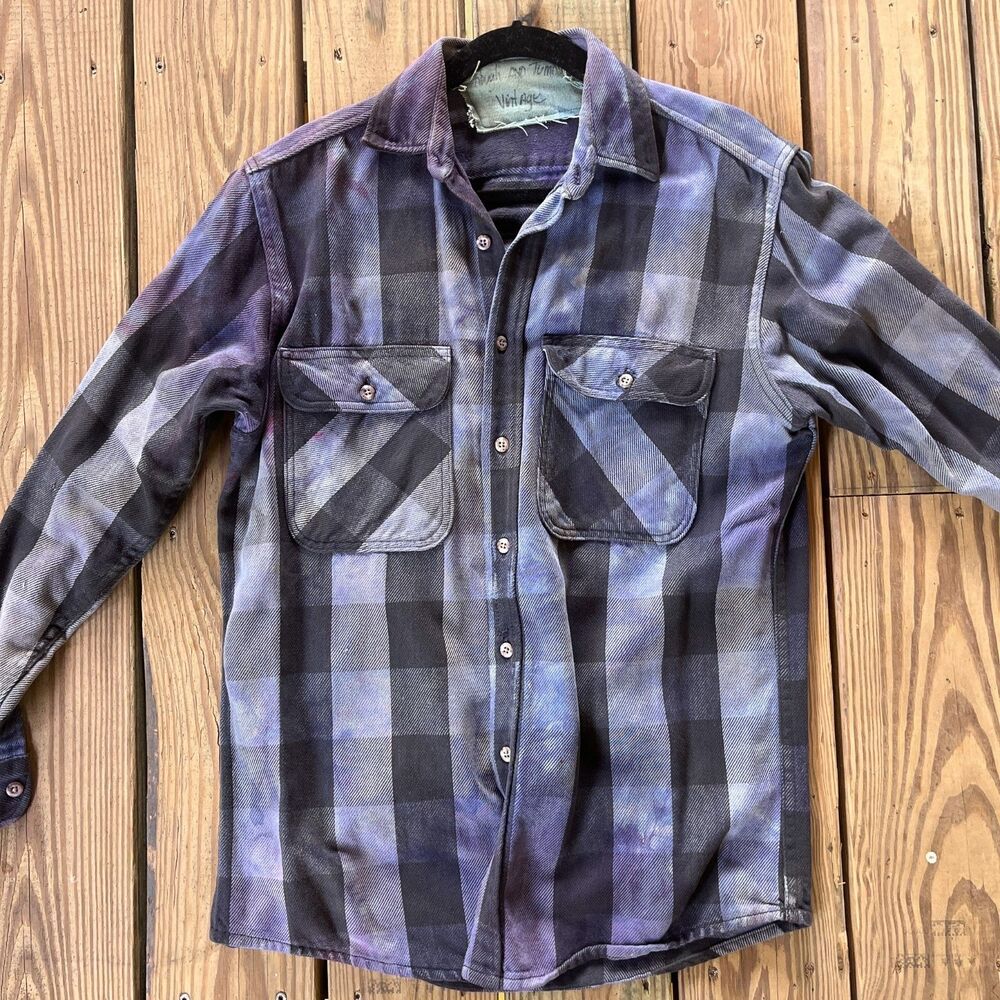 Handmade Tie Dye Purple & Black Plaid Utility Shirt Shacket - Unisex Size Large - Picture 2 of 9